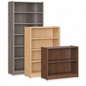 N9NE book cases in gray, walnut and aspen. Sold by Office Furniture EZ.