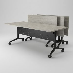 Office Tables on wheels. The tables flip up for easy moving and storage. Shown in silver birch with a black base.
