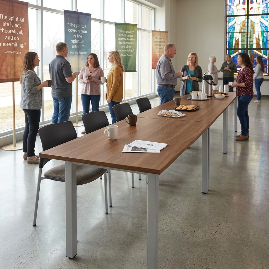 Budget office tables - long with square legs. Shown in a church meeting setting.