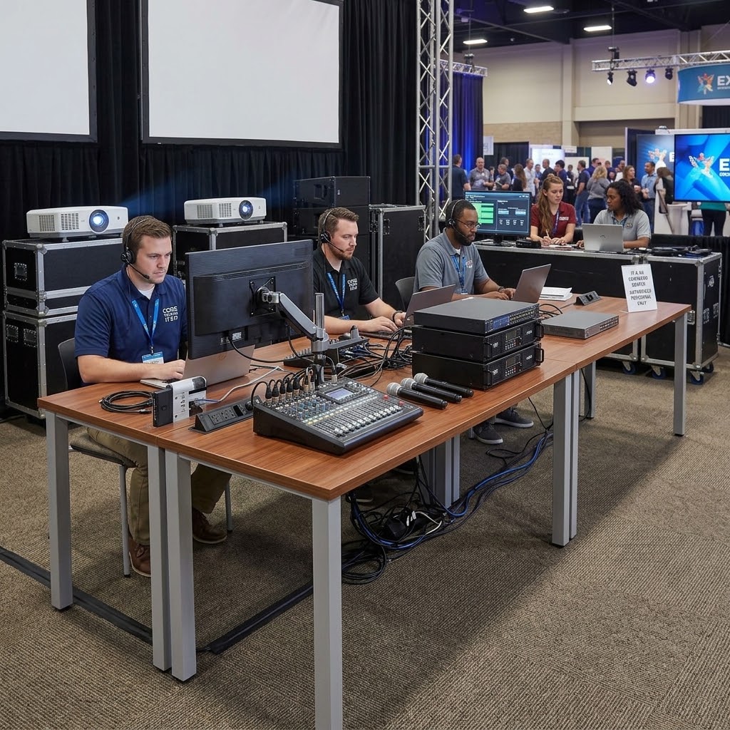 Budget office tables used by information technology professionals supporting a large event.
