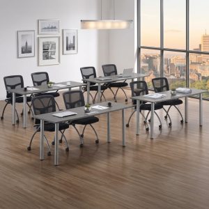 Newport Gray post leg training tables with silver round legs arranged in a modern Denver office classroom setting.