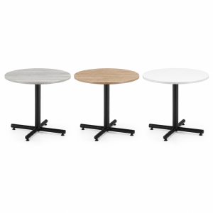 Three Round Office Tables - shown in Silver Birch, Aspen, and White. Often used for 2-3 person meetings, lunch rooms, or doctor's offices.