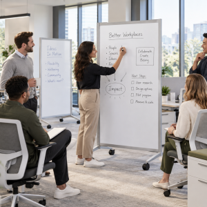 A mobile white board shown in a meeting in an office.