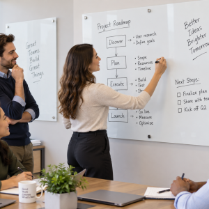 A glass Dry Erase board in an office setting - being used in a meeting