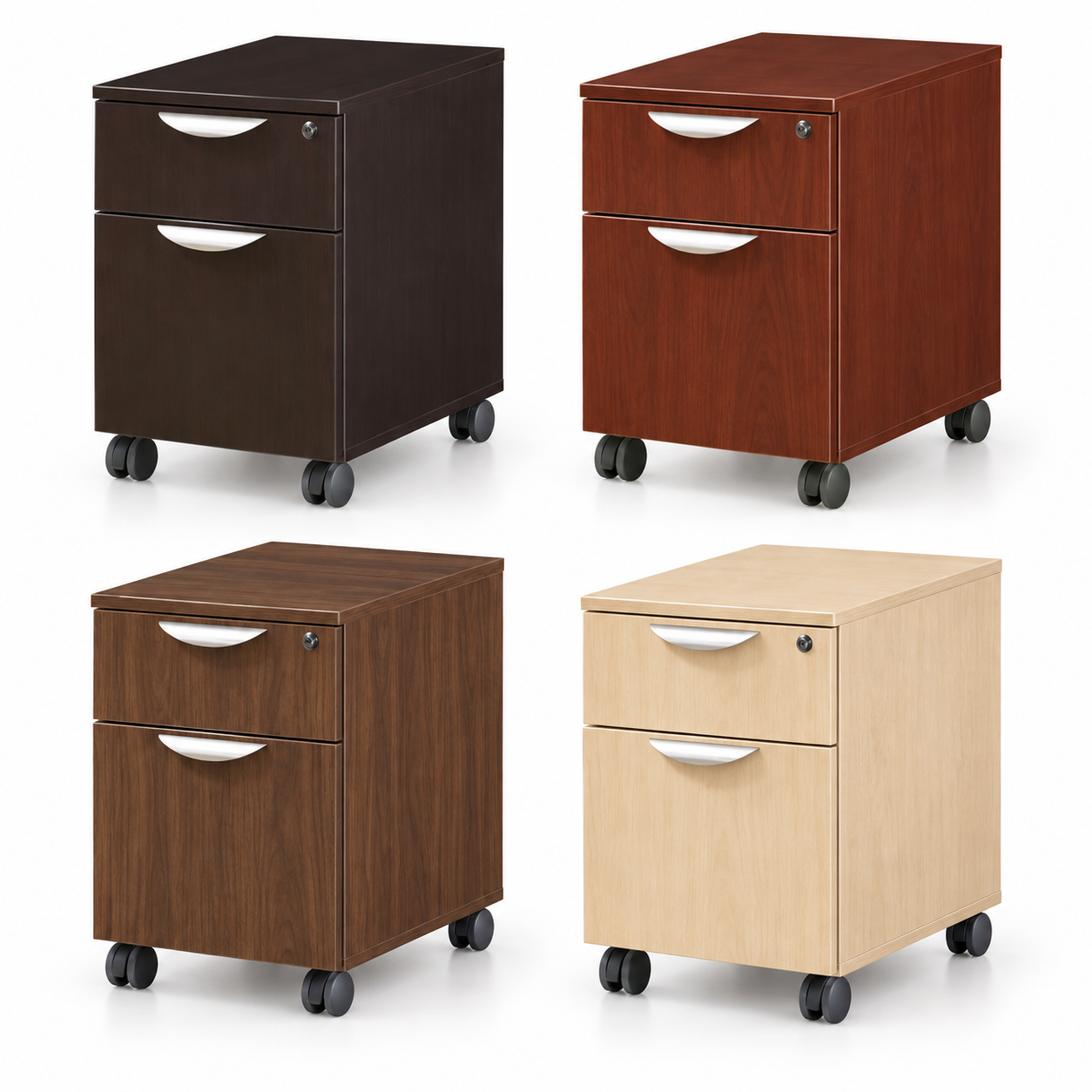 Four mobile pedestal filing cabinets shown in espresso, cherry, modern walnut, and aspen finish. These are sold at Office Furniture EZ.