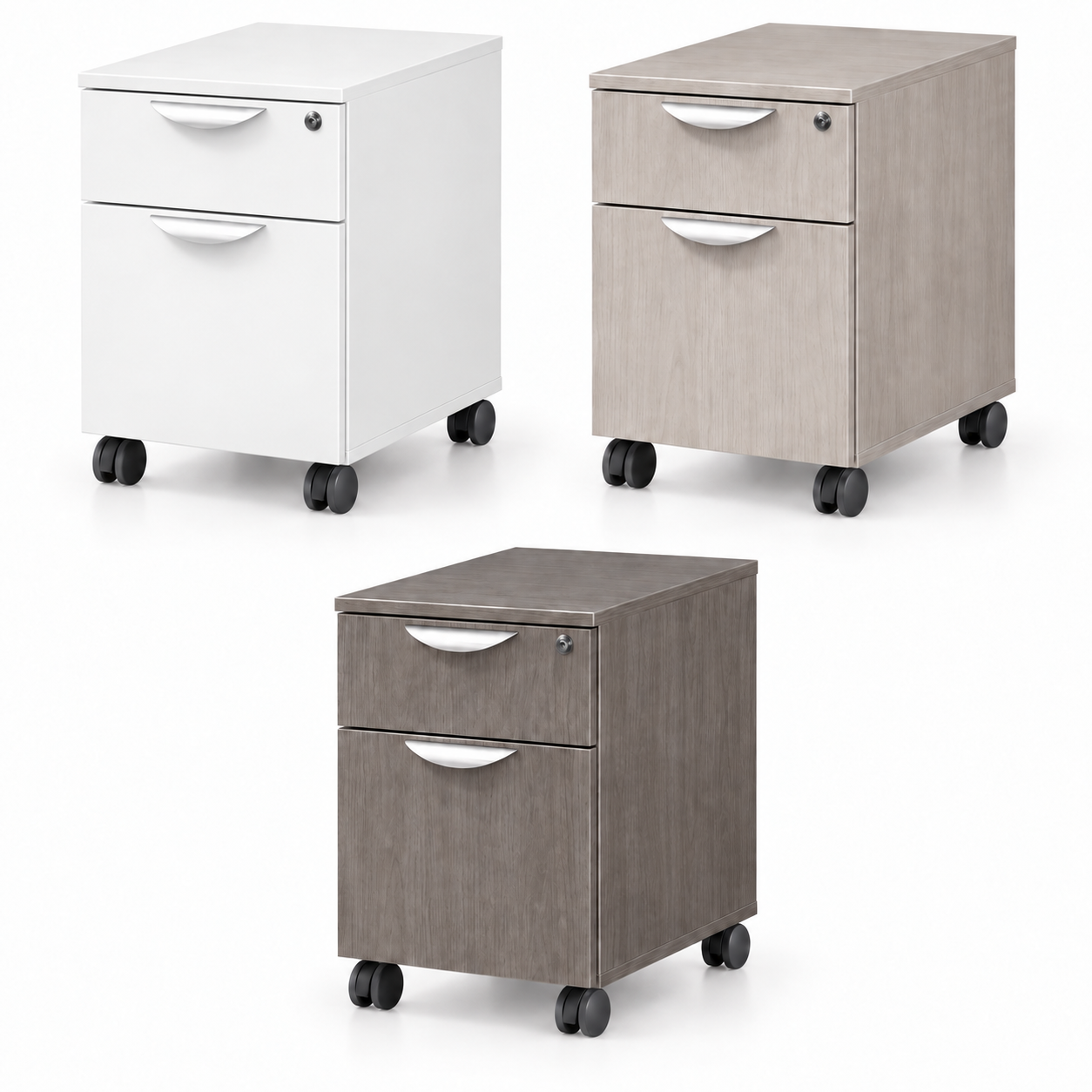 Mobile pedestal filing cabinets - in white, Newport Gray or Silver Birch. Sold at Office Furniture EZ.