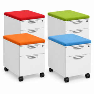 Four mobile filing cabinets shown in white each with an optional colored cushion affixed to the top. Colors are vibrant red, blue, green and orange. Sold by Office Furniture EZ.