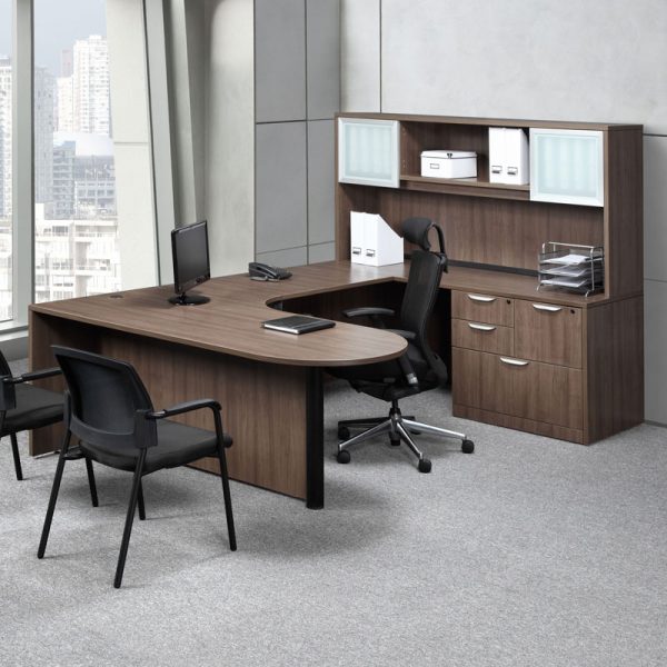 U-Shape Desk with Overhead Storage and Filing Cabinets