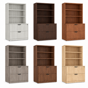 The 3 shelf, two drawer lateral file cabinet is shown in 6 finish options.