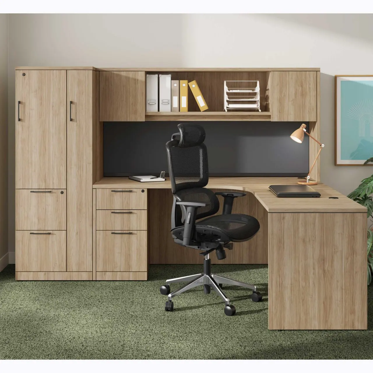 L-Shaped Desk with File, Cabinet, and Overhead Storage