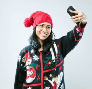 remote worker with ugly Christmas sweater