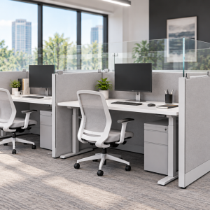 Two cubicle workstations with clear glass panel toppers, white sit-stand desks, and white mesh office chairs