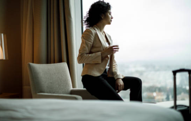 Business traveler in hotel room