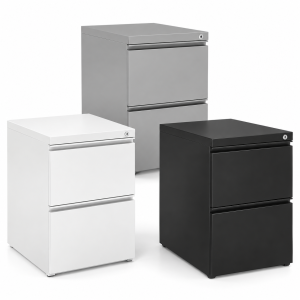 A catalog image of 3 pedestal files - shown in silver, black and white. Sold by Office Furniture EZ.