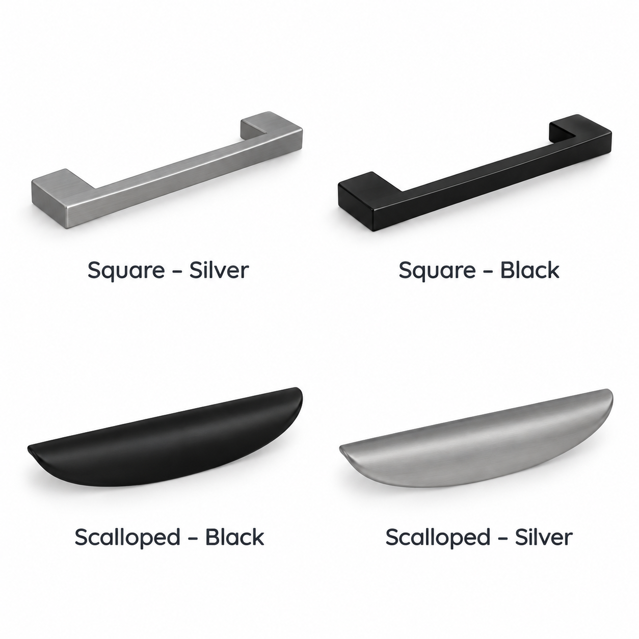 4 different handle options for a storage cabinet by N9NE - gray rectangle, black rectangle, black scallop, or gray scallop
