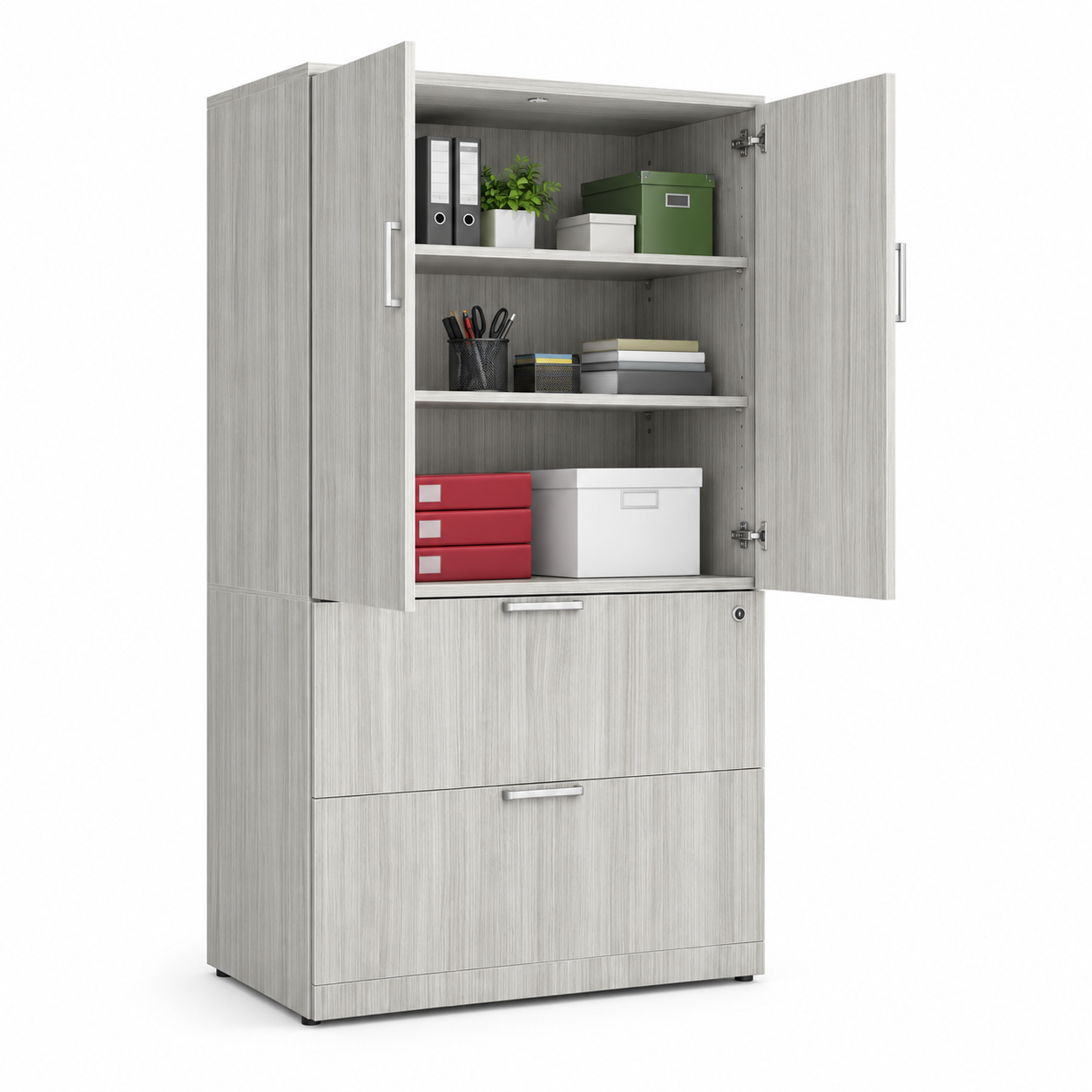 A catalog image of a tall storage cabinet with open doors - showing 2 adjustable shelves in use. Lateral files are under the shelves. The unit has silver handle pulls. Sold by Office Furniture EZ.