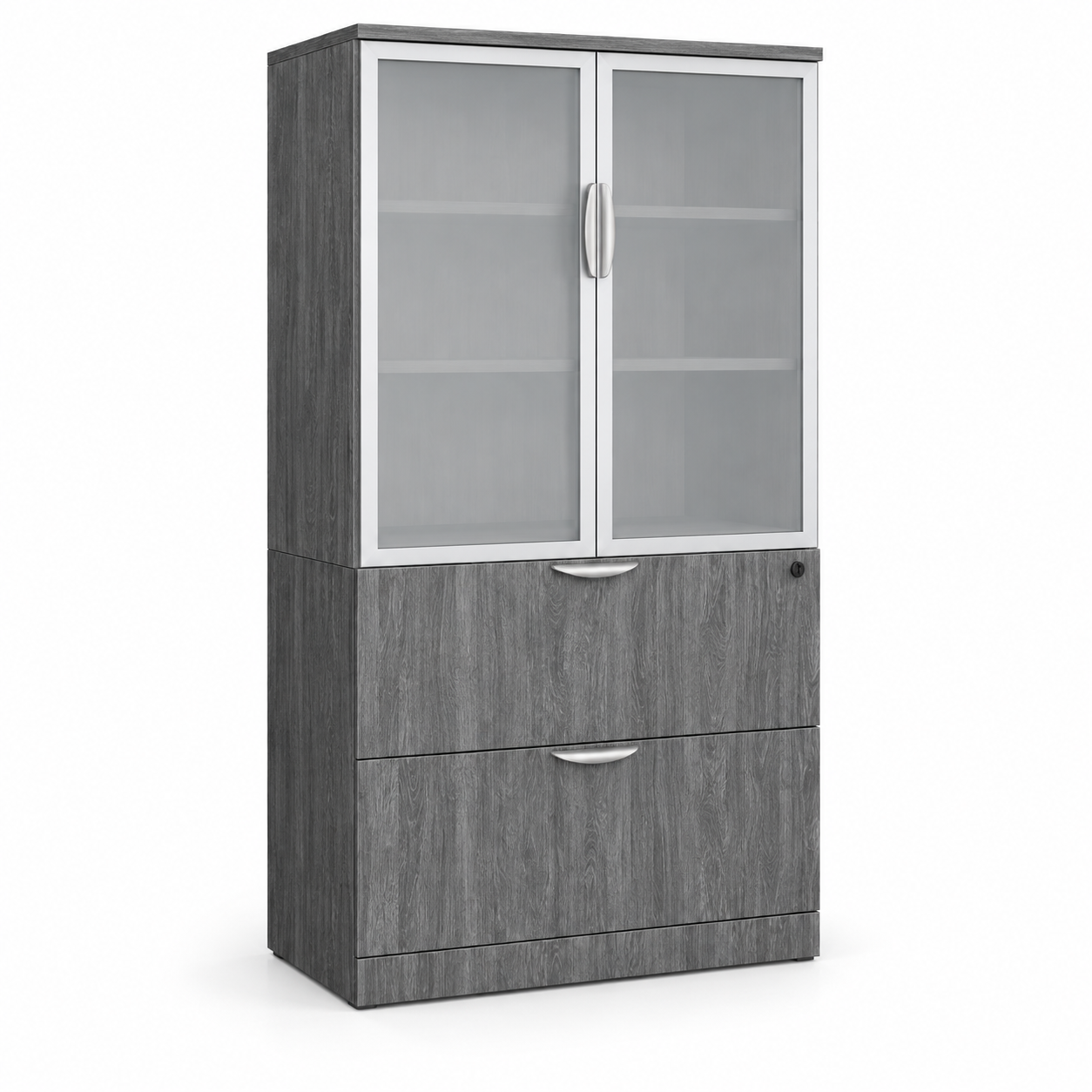A catalog image of a storage cabinet that has 2 lateral files on the bottom and a shelving unit on the top with 2 silver frame glass doors. Sold by Office Furniture EZ.