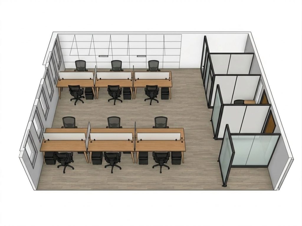 A 3D CAD Drawing of a plan for an office furniture job in Colorado