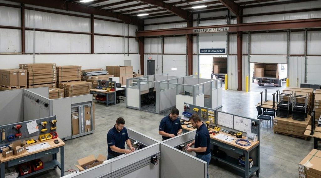 Inside the Office Furniture EZ Assembly Lab and Warehouse Pre-Build Staging, Denver HQ.