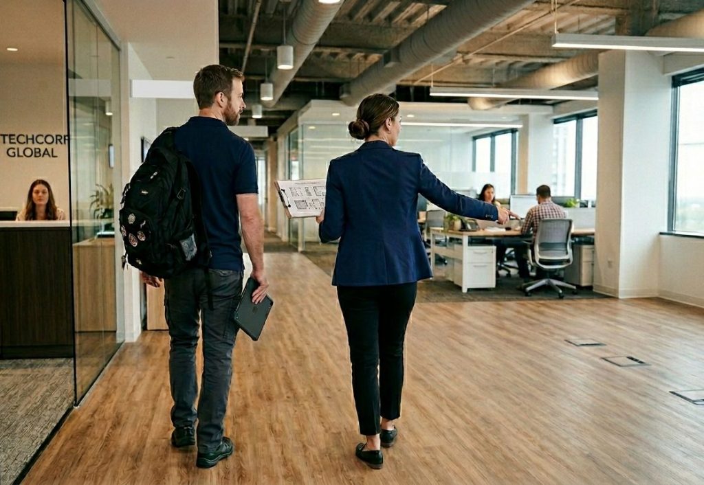 Onsite Space Planning Visit - Client showing Office Furniture EZ Project Manager features of the buiding