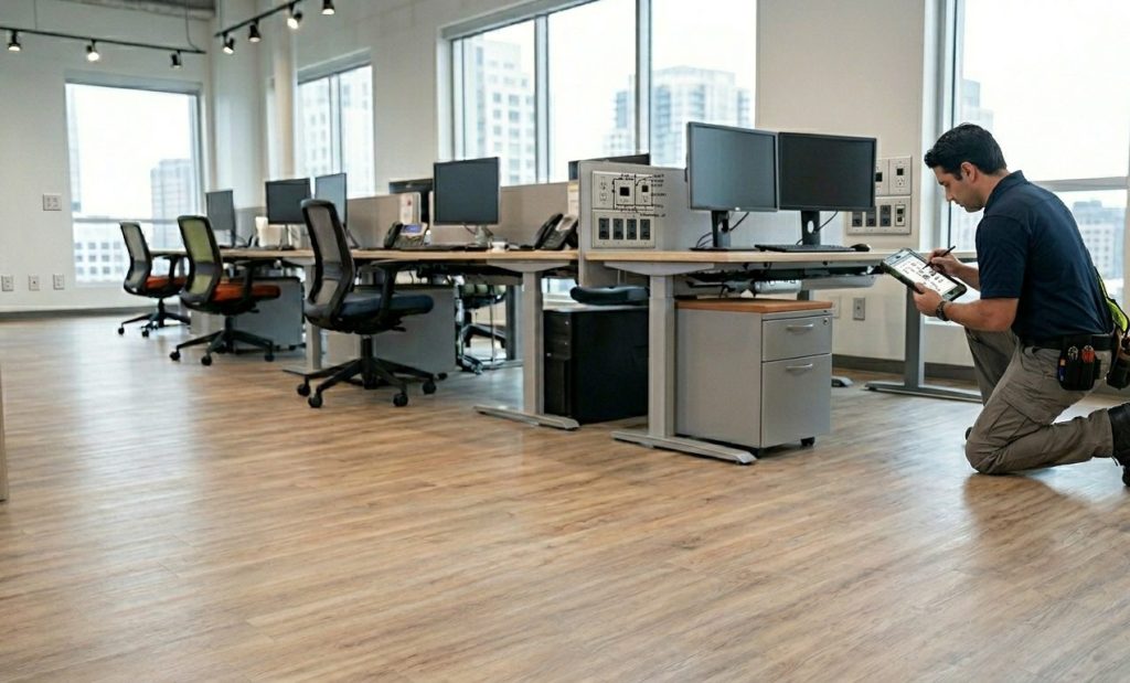 Site Survey by Office Furniture EZ - Project Manager is carefully noting all power and data ports for a build out and install