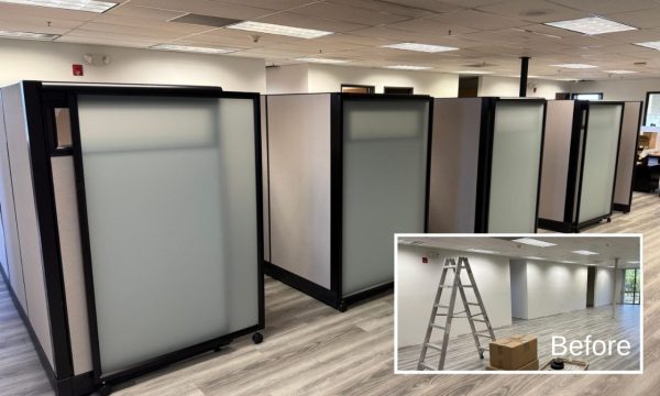 Before and after office cubicle panel system installation in Denver CO showing transformation from open space to multiple workstations with privacy panels arranged for team use
