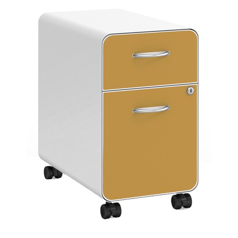 Slim white metal mobile pedestal with optional yellow colored magnetic face cover by n9ne Furniture
