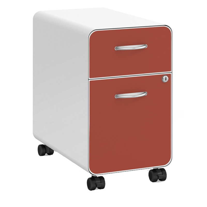 Slim white metal mobile pedestal with optional red magnetic face cover by n9ne Furniture