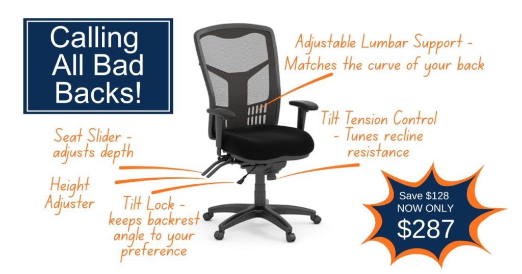 Ergonomic office chair with adjustable lumbar support and seat slider at Office Furniture EZ Denver and Colorado Springs.