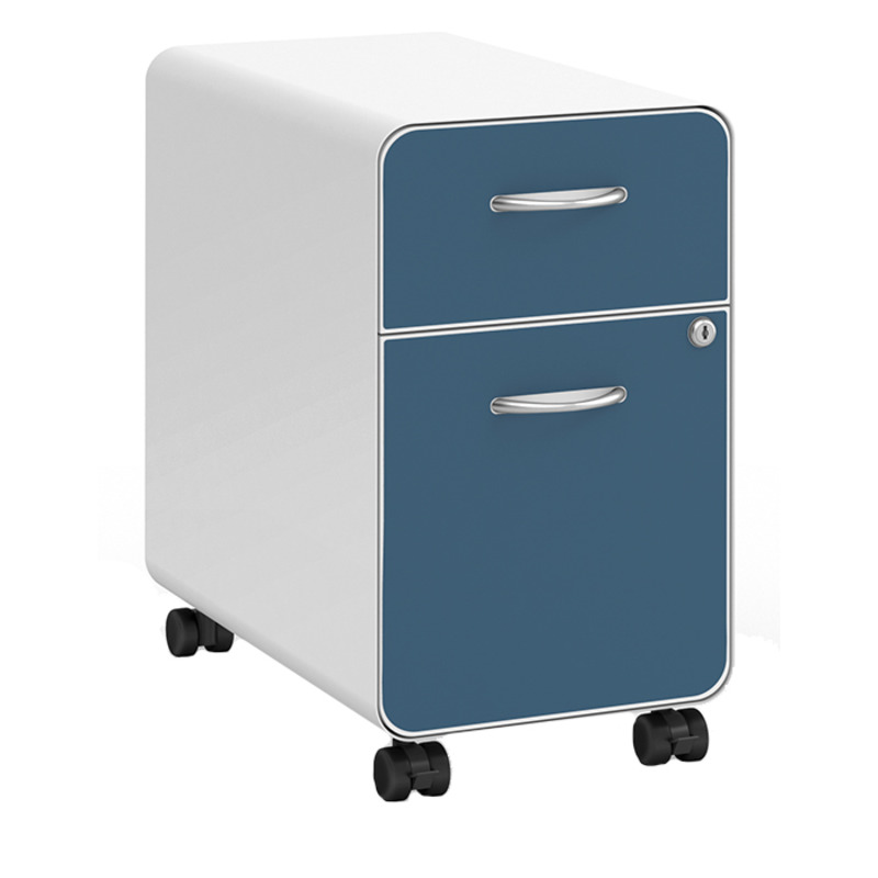 Slim white metal mobile pedestal with optional blue magnetic face cover by n9ne Furniture
