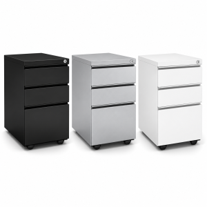 Mobile pedestal filing cabinets shown in black, silver and white. They are box, box, file models. Available at Office Furniture EZ.