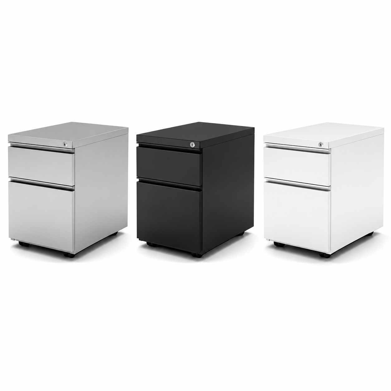 Three metal mobile filing cabinets are shown - one in gray one in white and one in black. Sold by Office Furniture EZ.