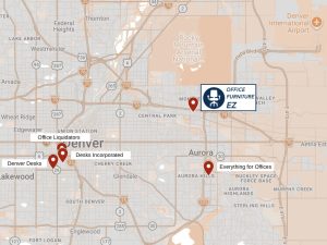 An interactive map of Denver and Aurora showing numbered pins for local office furniture dealers, including the Office Furniture EZ showroom right off the I-70 corridor on Revere Street.