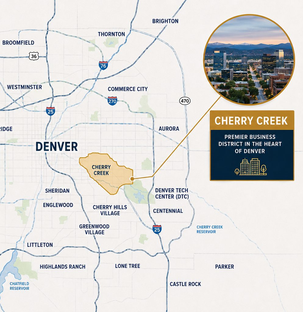 Cherry Creek highlighted on a map of the Denver Metro