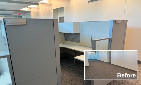 Modernized and reconfigured modular cubicle desks with updated worksurface colors in a government office in the Denver metro