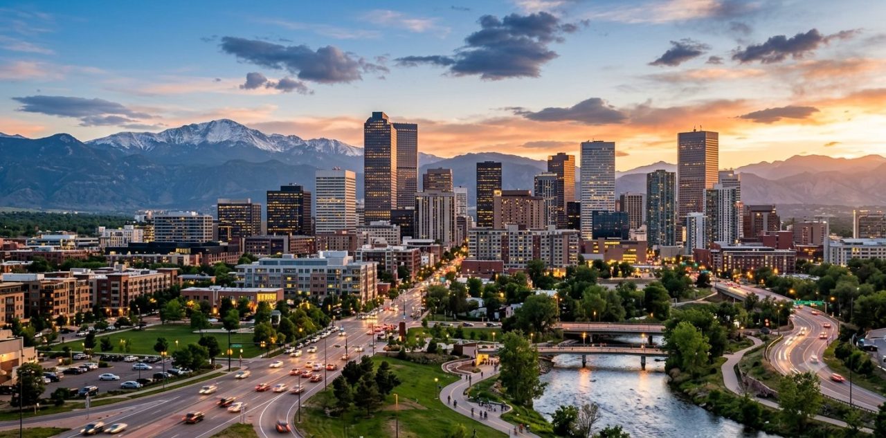 The skyline of downtown Denver Colorado. Many businsses are shown with the mountains in the background.