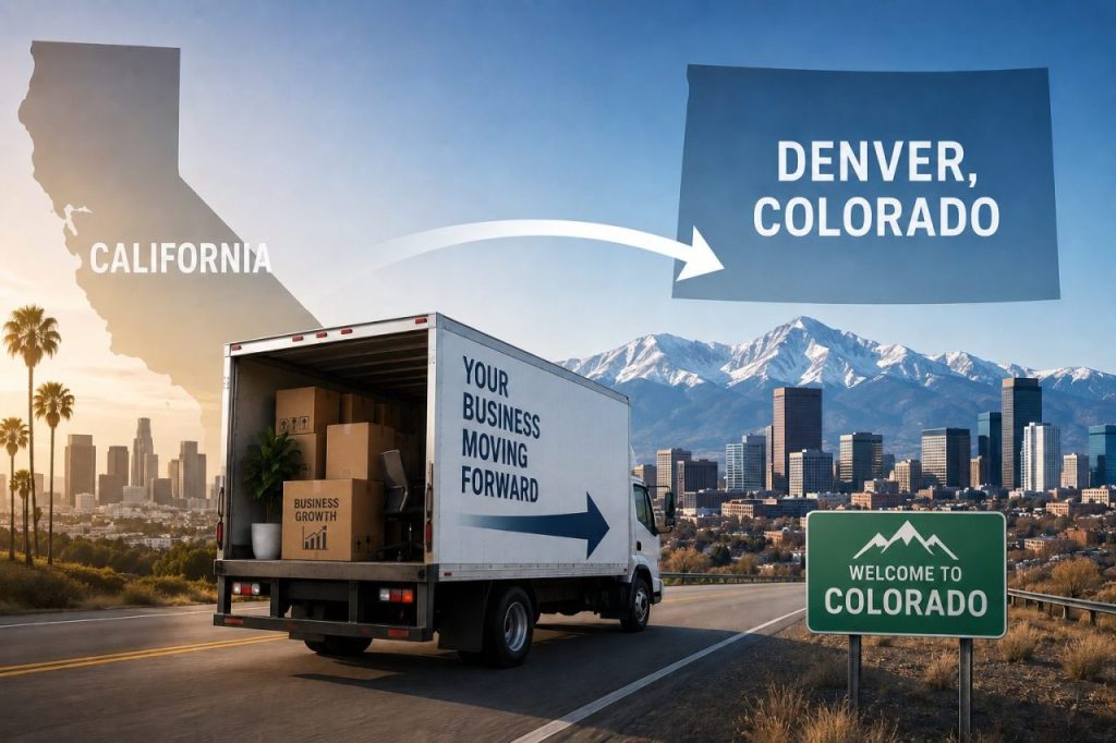 A picture depicting a business moving from California to Colorado. A moving truck is shown heading toward the Denver skyline with the mountsains visible.