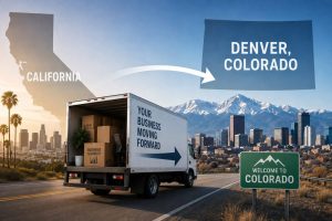 A picture depicting a business moving from California to Colorado. A moving truck is shown heading toward the Denver skyline with the mountsains visible.