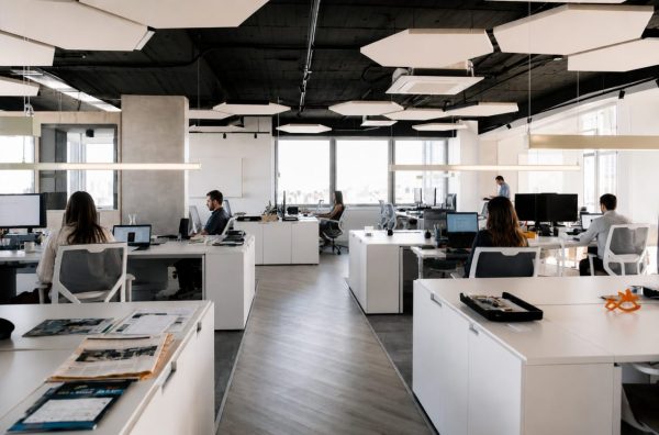 A furnished office on move-in day. Employees are at their desks and working.