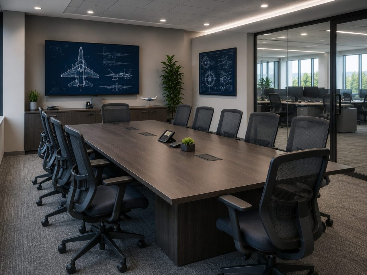 Modern aerospace and defense conference room with large meeting table, ergonomic chairs, and aircraft diagrams