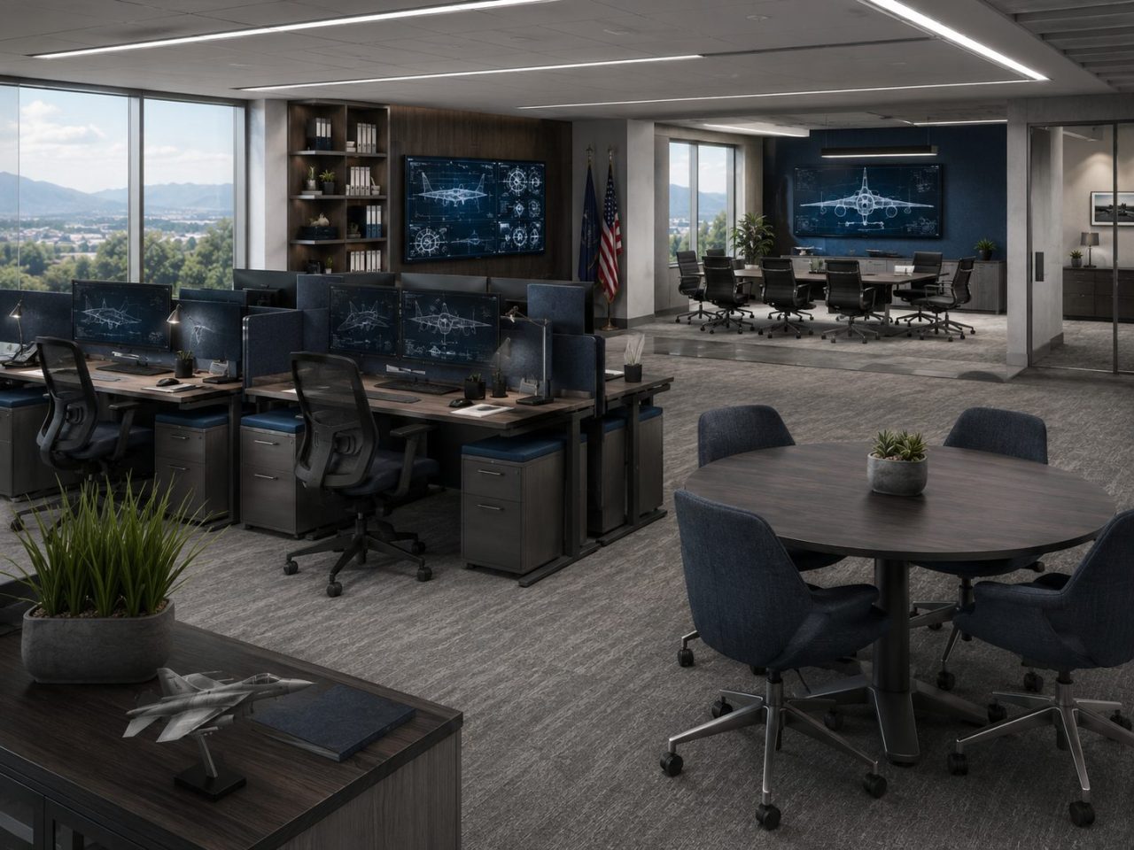 Modern aerospace and defense office with workstations, collaboration table, conference room, and aircraft diagrams
