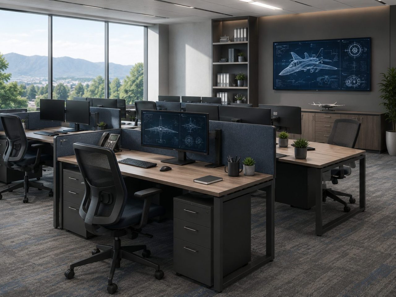 Modern aerospace and defense office with workstations, ergonomic chairs, and aircraft diagrams