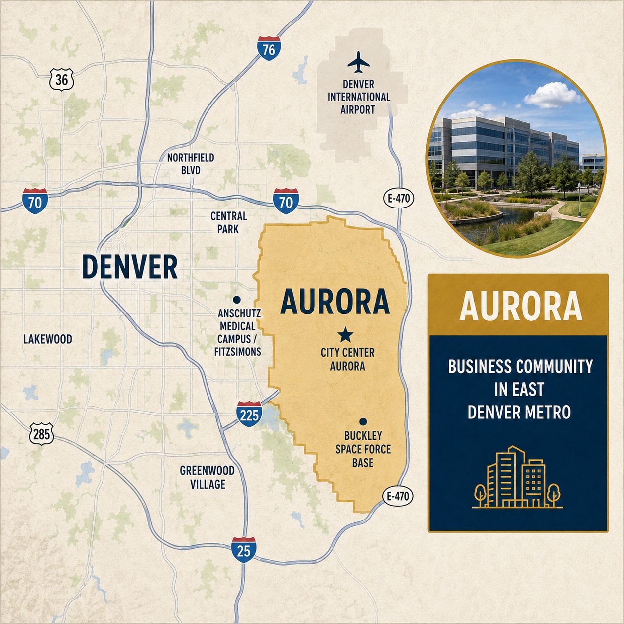 Map of Aurora, Colorado showing major business areas, highways, Anschutz Medical Campus, Buckley Space Force Base, City Center Aurora, and Denver International Airport.