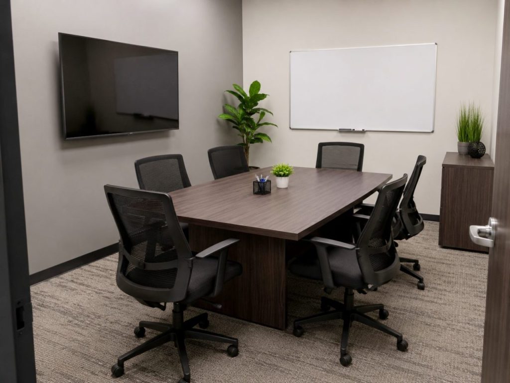 A small conference room. A meeting table for 6 is shown.