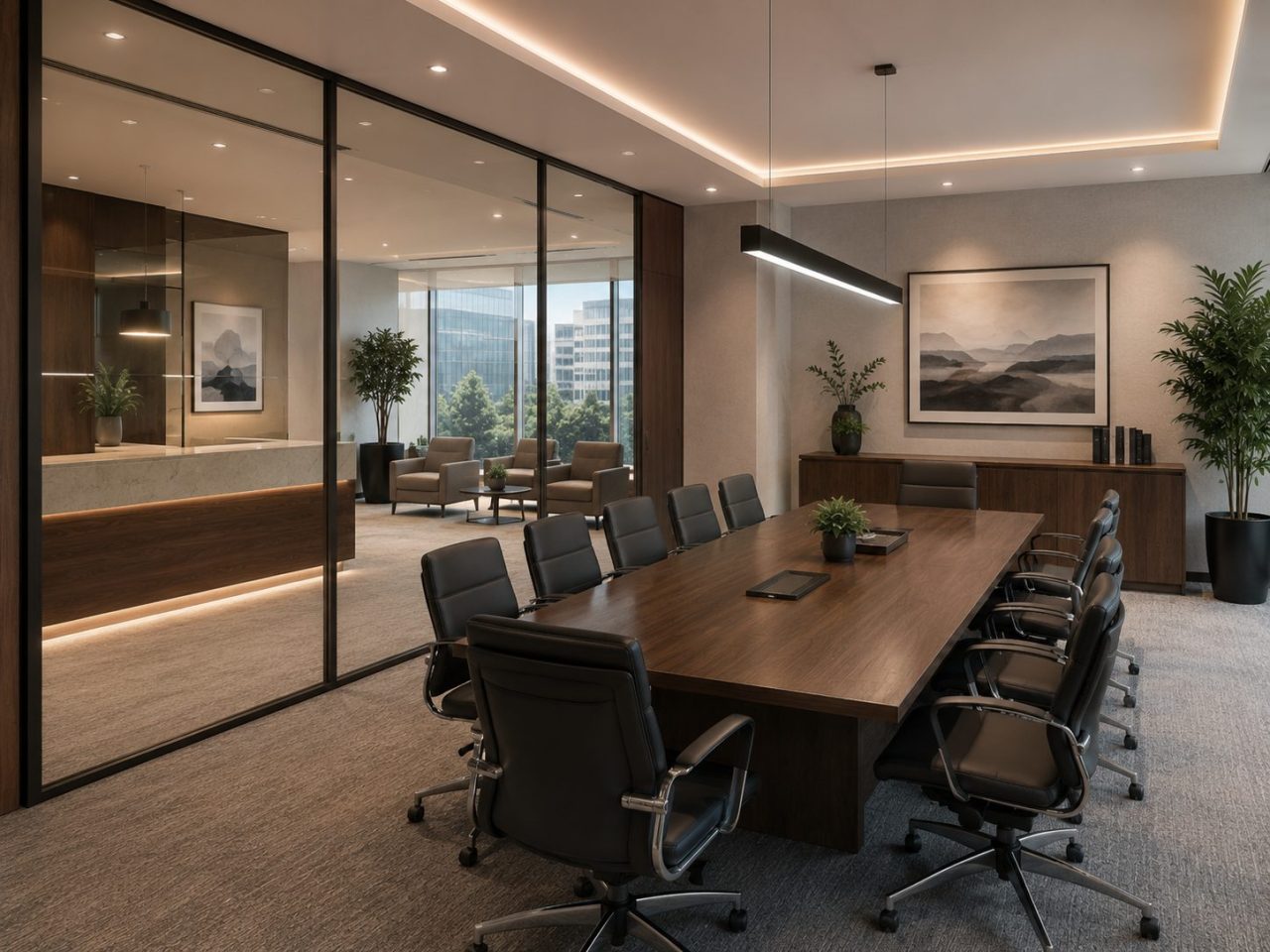 Professional conference room with client seating and modern office furniture