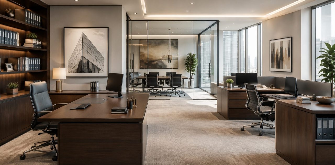 Modern professional office with executive desks, ergonomic chairs, workstations, and a glass conference room