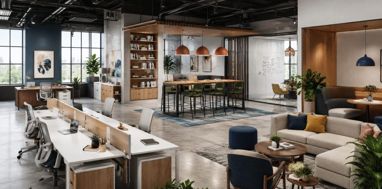 Creative office workspace with collaborative tables, open workstations, lounge seating, and bold modern design details