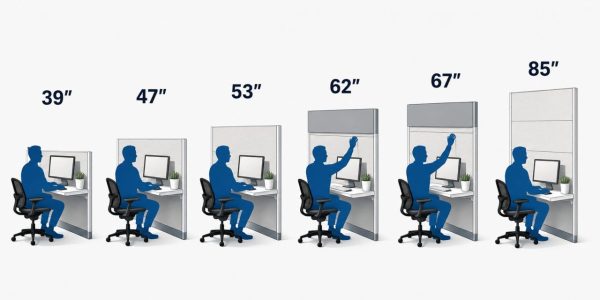 Cubicles of different heights are shown - from seated with slight privacy to full standing privacy