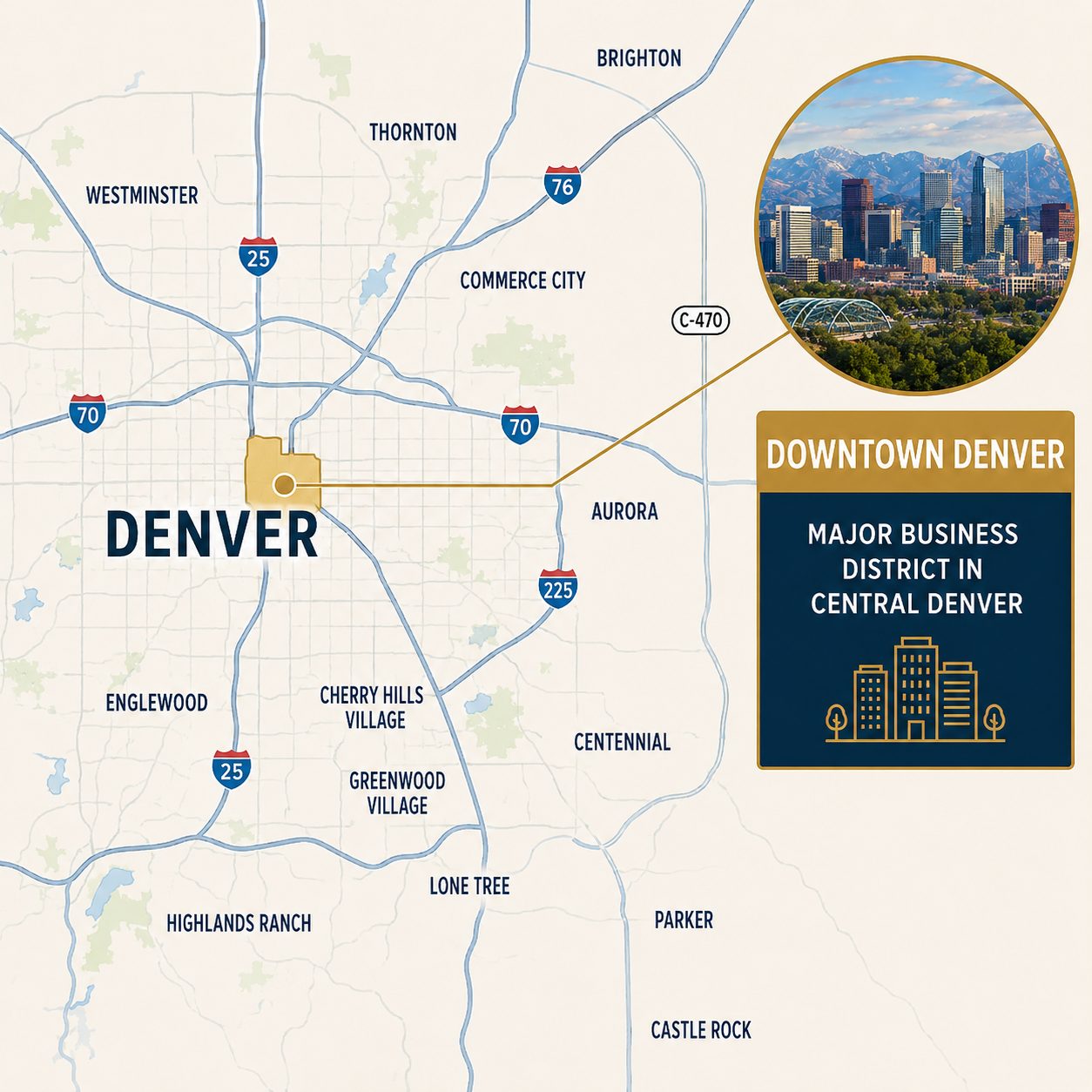 A map and diagram of Downtown Denver and its businesses