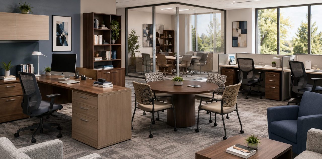 Higher education office with administrative desks, shared workstations, meeting table, and guest seating